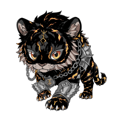 Digitale Fantasy-Illustration einer schwarz-orangefarbenen mystischen Katze mit Rüstung