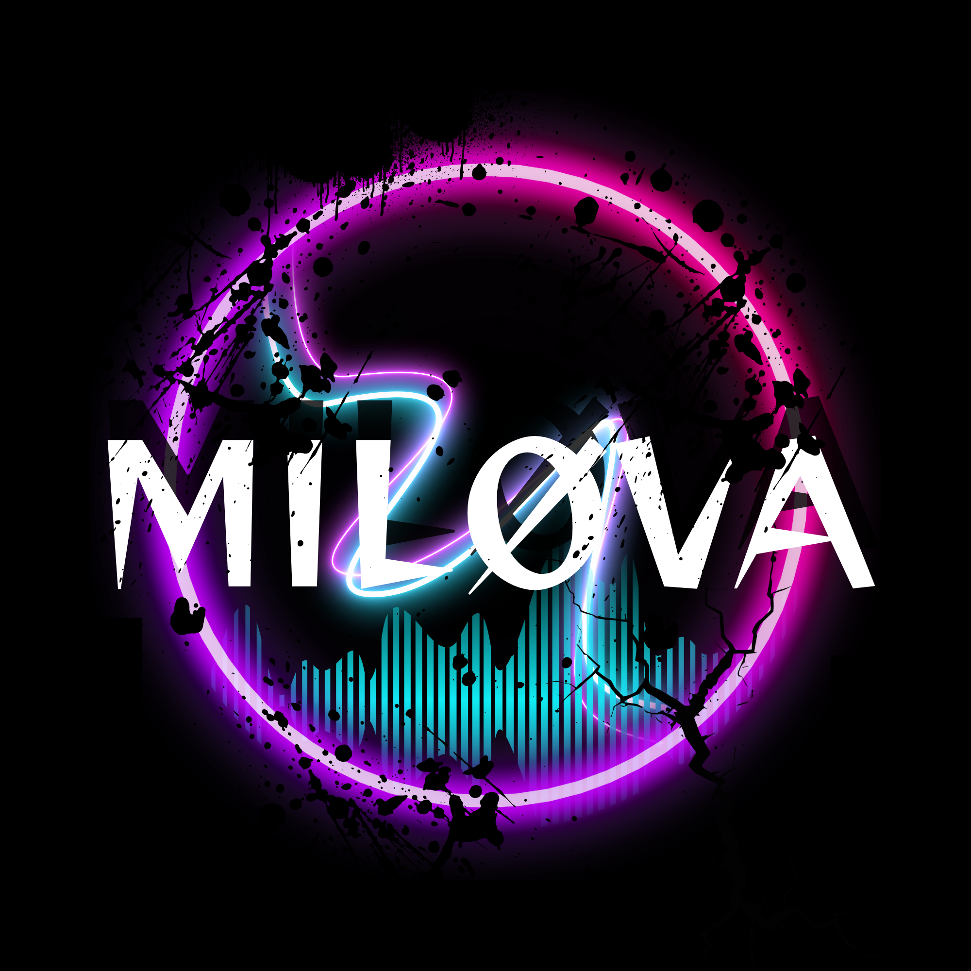 MILOVA Logo für eine Techno-DJ mit Querstrich im Buchstaben O